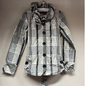 Vintage Dismero Women's Casual White Plaid Jacket w/ Ruffled Collar Faux Pockets